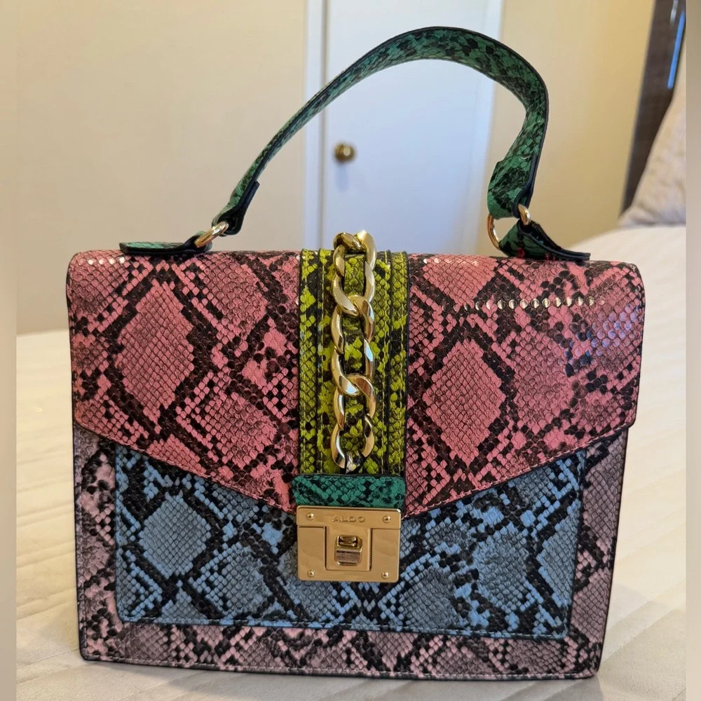 Aldo Pink and Green Snake Print Satchel